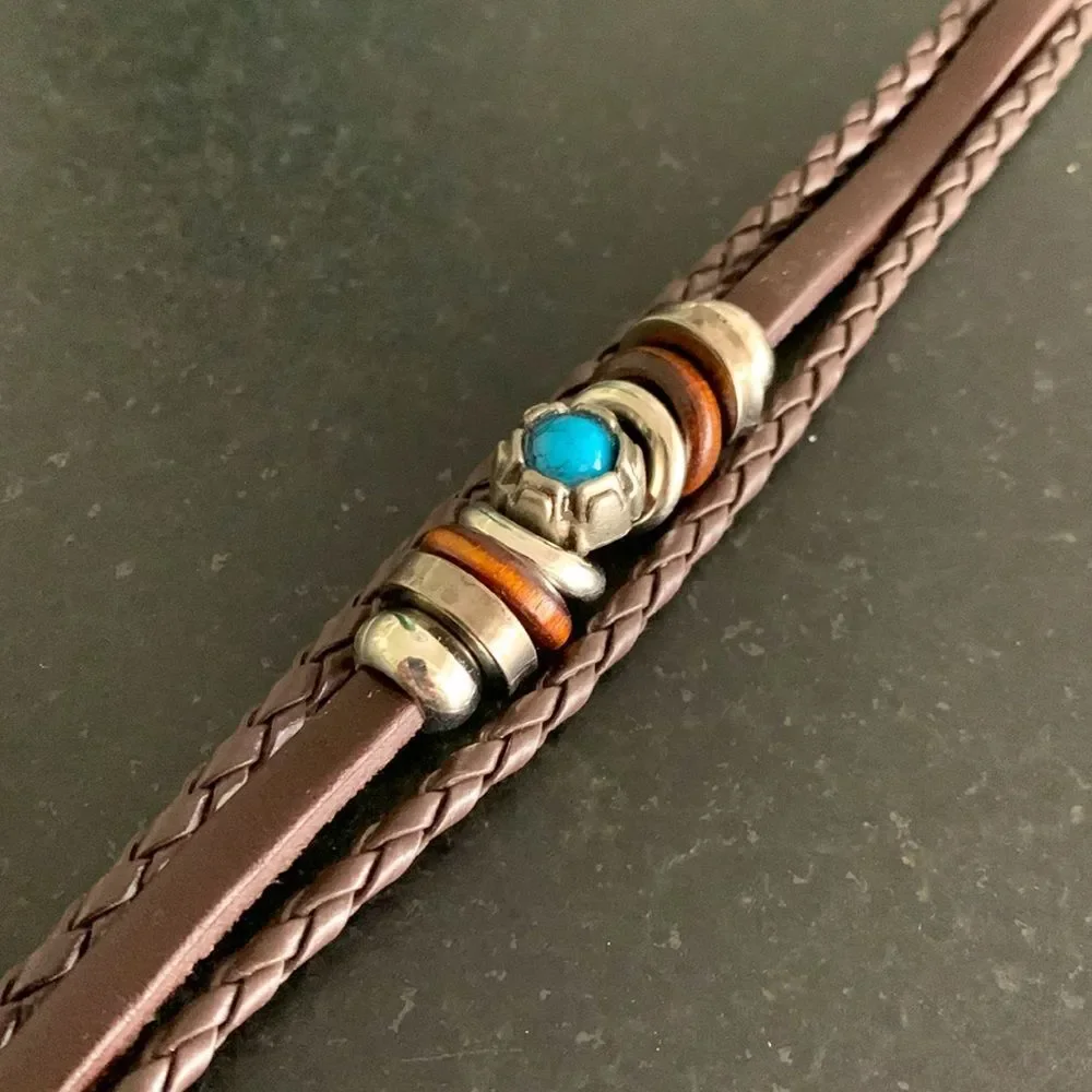 Ibiza Multi-Strand Brown Vegan Leather Cuff Bracelet Turquoise Accent